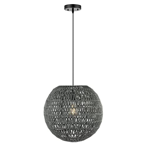 JONATHAN YJYL6503D Luna 15.75" 1-Light Bohemian Modern Woven Rattan/Iron LED Pendant Farmhouse Coastal Adjustable Dining Room Living Room Kitchen Island Foyer Bedroom Hallway, Grey/Black