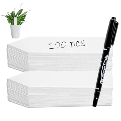 NXPUXP Plastic Plant Tags 100 Plant Tags and Labels White Plant Name Labels Suitable for Outdoor Use for Seeds Seedlings Vegetables Flowers Potted Plants (with Pen)
