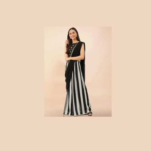 Image of Fusion Style Striped Black and White Saree with Sharara
