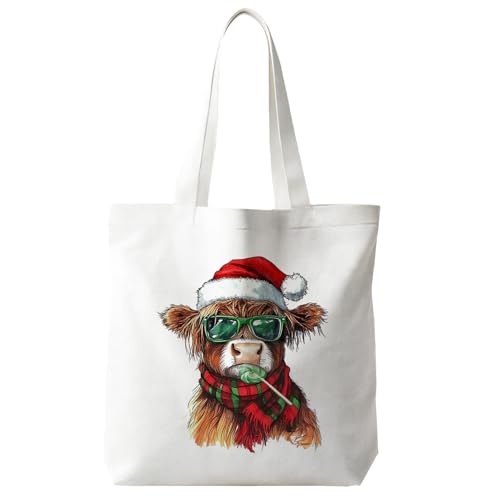 JINYO Highland Cow Christmas Tote Bag, Farmhouse Christmas Canvas Tote Bag Gifts for Women, Rustic Funny Farm Animal Xmas Holiday Gift Bags Party Favors, Reusable Grocery Shopping Bags