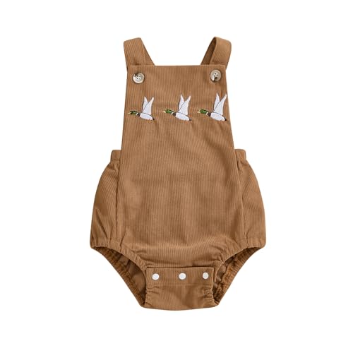 Image of Infant Baby Boy Girl Mallard Duck Corduroy Overalls Romper Embroidery Duck Sleeveless Bodysuit Hunting Baby Clothes