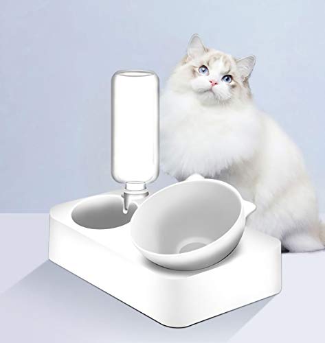 Old Tjikko Double Bowl Cat Feeder,2 in 1 Automatic Pet Feeder and Water Dispenser,Cat Bowls,Pet Food Water Bowl for Cats and Small Dogs (White Set)