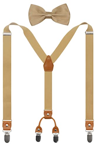 Doloise Suspenders & Bowtie Set-Men's and Women's Elastic X Band Suspenders + Bowtie For Wedding,Formal Events (khaki)