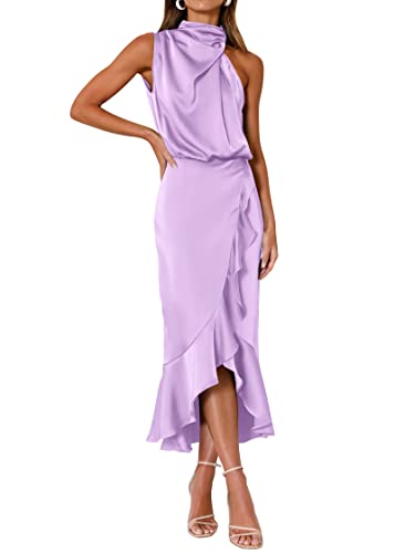 Image of KIRUNDO Women's Summer Satin Mock Neck Wedding Guest Dress | Party Cocktail Midi Dress, 2026 Spring Fashion, Silky, Elegant Classy Halter High Neck, Sleeveless Wrap Ruffle Formal Dress