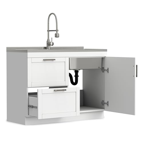 SIMPLIHOME Hennessy All-in-One 46 inch Wide Utility Sink and Laundry Cabinet in Pure White Finish, Transitional Stainless Steel Dual Sink Cabinet for Laundry Rooms with High-Arch Chrome Faucet - Thumbnail 2