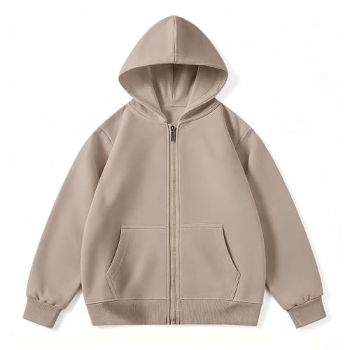 Image of Smivibe Kids Fleece Hoodie Full Zip Classic Hooded Jacket Soft Warm Sweatshirt with Pockets Casual Outdoor Coat for Boys Girls Khaki 7-8 Years
