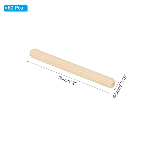 PATIKIL 3/16\" x 2\"(5 x 50mm) Wood Dowel Pins, 60 Pack Fluted Wooden Dowel Pin Straight Groove Rods for Furniture Door Art Crafts Projects