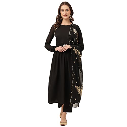 Image of FIORRA Women's Black Poly Crepe A-line Kurta with Pant and Dupatta