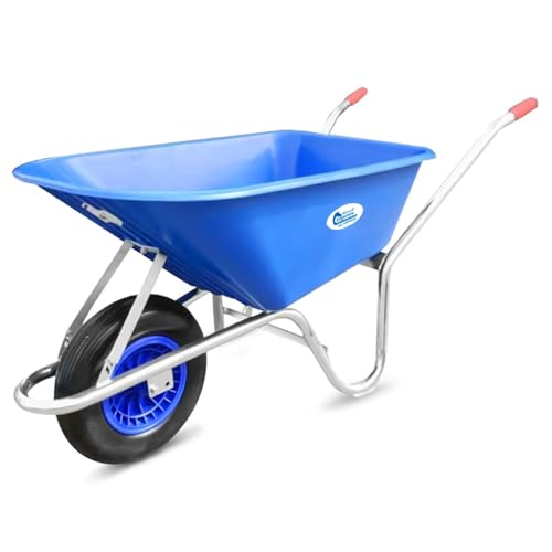 Equimed Garden Wheelbarrow - Lightweight Trolley with 85L Plastic Bucket, Puncture-Proof PU Wheel, Galvanised Frame (Blue)