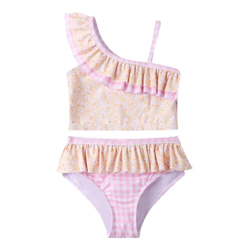 LIZENS Girls Two Piece Swimwear Flounce Ruffle Flower Print One Shoulder Beach Swimsuit