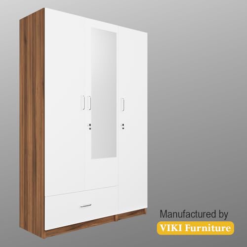 Image of VIKI Wardrobe |Wooden Almirah for 3 Door Wardrobe with 1 Drawer & Hanging Space with Mirror (Walnut |White - 40D x 120W x 180.8H) | 1 Year Warranty | Free Assembly
