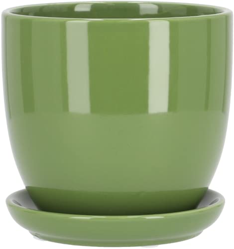 Miniatura 6 de Kotarbau Macetero Con Plato De Ceramica Esmaltada, 15 Cm, Maceta Para Interiores Y Exteriores, Tiesto Decorativo Para Plantas, Verde, Con Plato Y Orificio De Drenaje