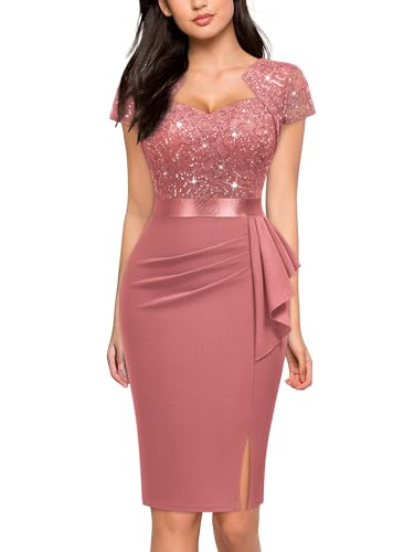 Image of Miusol Women's Elegant Square Neck Glitter Sequin Lace Cocktail Dress | Sparkly sequin lace, bodycon fit, chic ruffle, women dress perfect for wedding guest, cocktail and semi formal events