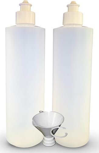 2 Pack Refillable 16 Ounce HDPE Squeeze Bottles With Push/Pull Button Top Dispenser Caps-Great For Lotions Shampoos Conditioners and Massage Oils-Includes our patented thread-on funnel