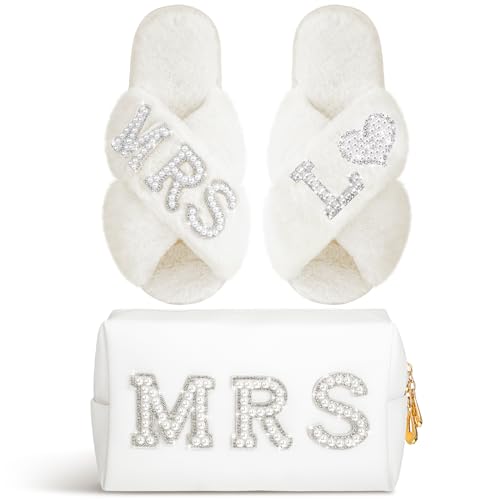 Image of Xtinmee Personalized Initial Wedding Bride Slipper Mrs Pearl Letter Makeup Bag Bachelorette Party Bridal Shower Wedding Gifts(L)