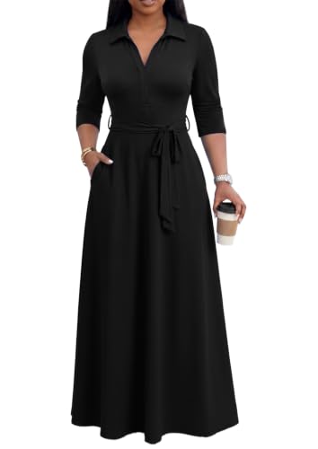 MarryUP Maxi Dresses for Women Casual V Neck 3/4 Sleeve Long Church Dress Semi Formal Outfits with Pockets Black L