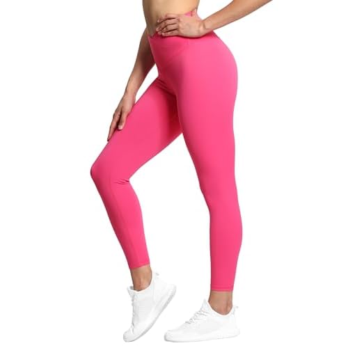 Women's V Cross Waist Yoga Leggings High Waisted Tummy Control Workout Running Pants Bright Pink