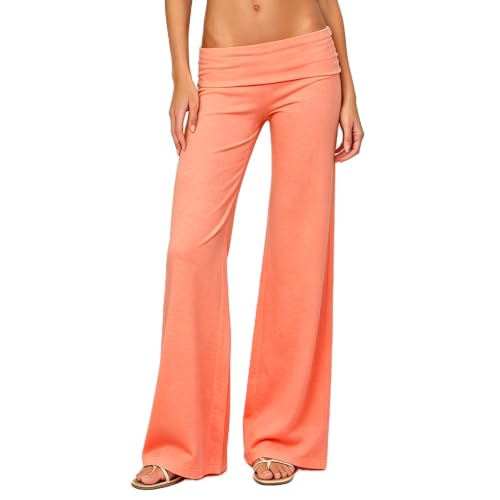 Image of Lounge Yoga Pants for Women Fold Over Low Waist Wide Leg Bell Bottoms
