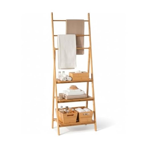 THINIA HOME - Toallero de Pie de Bambú Natural con 3 Estantes y 3 Barras, Mueble Auxiliar para Baño, Dormitorio o Lavandería, Estilo Nórdico, 53.2x32.4x152 cm