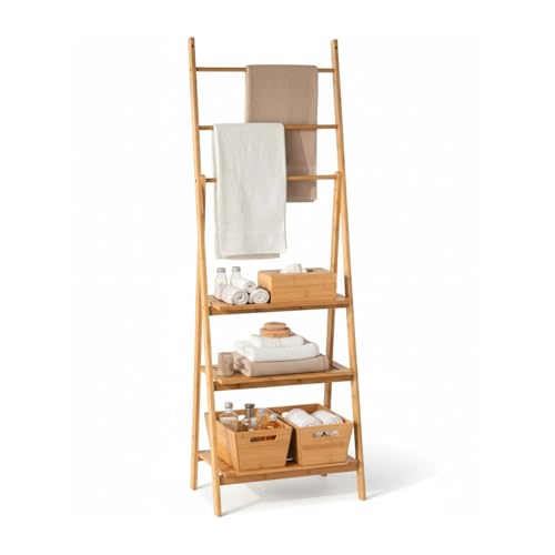 THINIA HOME - Toallero de Pie de Bambú Natural con 3 Estantes y 3 Barras, Mueble Auxiliar para Baño, Dormitorio o Lavandería, Estilo Nórdico, 53.2x32.4x152 cm