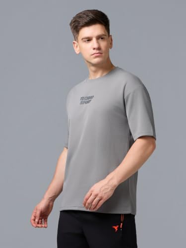 Image of TECHNOSPORT Men Printed Oversized Round Neck T-Shirt with COTFLEX, Dry Fit Sports Tee, Oversized Activewear T-Shirt for Gym, Running, Sports & Casual Wear