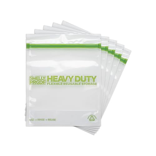 REUSABLE STORAGE BAGS by Smelly Proof, Large HEAVY DUTY 5-mils US-Made BPA FREE, NO PEVA, Dishwasher-Safe Reusable Freezer Bags CLEAR FLAT Quart 10" x 8.5" 5pk