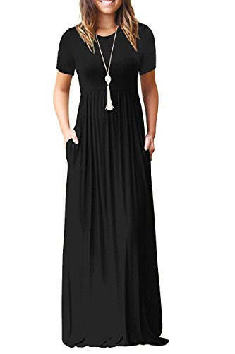 OURS Women's Summer Short Sleeve Loose Plain Long Maxi Casual Dress with Pockets