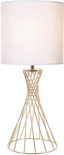 Lámpara de mesa moderna dorada con base metálica y pantalla blanca