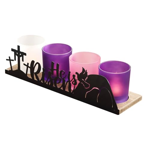 SYFURNIX He is Risen Easter Decor, 4 Glass Votive Tealight Candle Holders & 1 Wooden Tray, Easter Religious Decor for Church Event Pray Table Centerpiece, Christian Gift