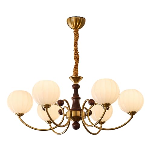 svodsen Mid Century Milk Glass Chandelier, Rustic Vintage Wood Chandelier Mid Century Farmhouse Ceiling Lamp Gold Sputnik Light Fixture for Living Room Dining Room Bedroom