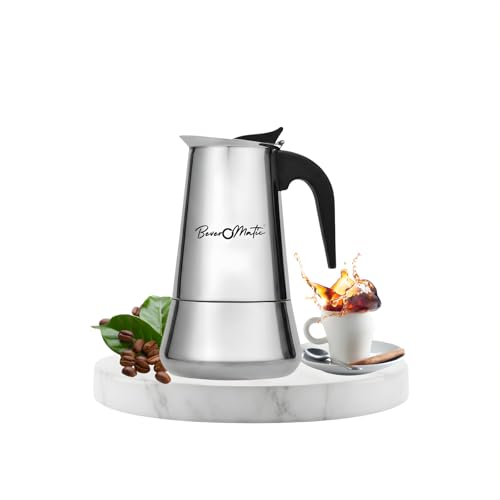 Image of Stainless Steel Stovetop /Induction Top Moka Pot Coffee Maker, 200 ml (4-Cup), Italian-Style Espresso Maker, Coffee Percolator with Heat Resistant Handle, Silver