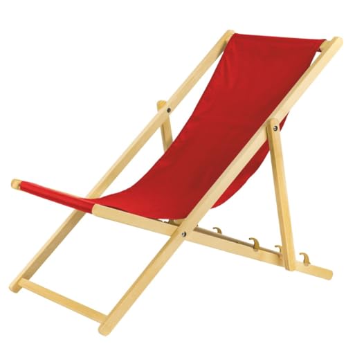 BAS Sedia a sdraio pieghevole in legno, colore rosso, pieghevole, pieghevole, regolabile, per giardino, spiaggia e balcone, con rivestimento in tessuto traspirante, tessuto misto