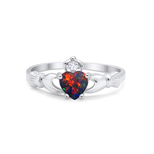 Irish Claddagh Heart Promise Ring Lab Created Black Opal Round CZ 925 Sterling Silver, Size-8