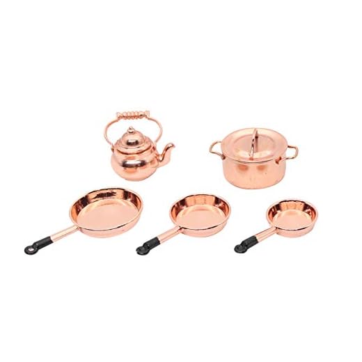 1/12 Scale Miniatures Metal Frying Pans, Kettle, Copper Pots with Lids for Mini House Kitchen Accessories Christmas Birthday Gift,5 Pcs/Set