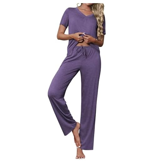 Ekouaer Conjunto de pijama feminino, macio, 2 peças, gola V, roupa de dormir, manga curta, calça com bolsos, Roxo brilhante, M