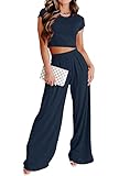 Women's Summer Casual Two Piece Outfit Lounge Set Crew Neck Short Sleeve Crop Tops and Pockets Long