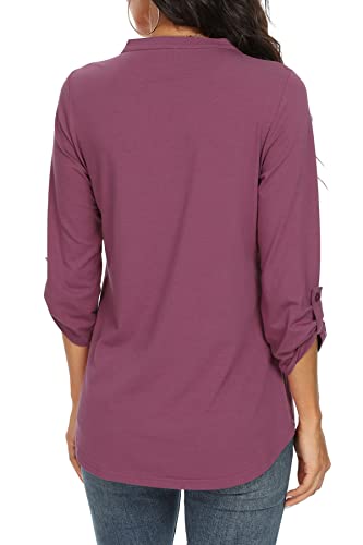 Niloufo Womens Casual Summer Shirts Notch V Neck Blouses 3/4 Roll Sleeve Tops Tunics(Mauve, Small) #TOP3