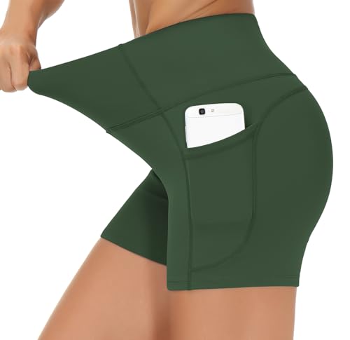 Image of THE GYM PEOPLE High Waist Yoga Shorts for Women's Tummy Control Fitness Athletic Workout Running Shorts with Deep Pockets