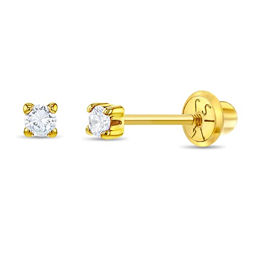 14k Yellow Gold Clear 2,3,5mm Cubic Zirconia Prong Set Screw Back Earrings for Girls - Cute Baby Stud Earrings for Infants & Toddlers - Simulated Birthstone CZ Earrings for Little Girls