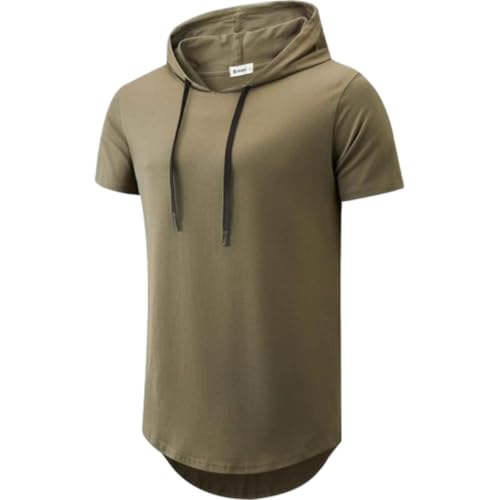 Men Short Sleeve Lightweight Casual Personality Hoodies Gym Training Fashion Sport Hooded Pullover Drawstring Design Trend T-Shirt I-Army Green L