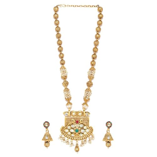 Rubans 22K Gold Plated Ruby & Emerald Kundan Studded Pearl & Gold Beaded Handcrafted Traditional Necklace Set for Women & Girls, Perfect for Any Festive & Wedding Occasion (B0D6RY1BLY) Amazon Price History, Amazon Price Tracker