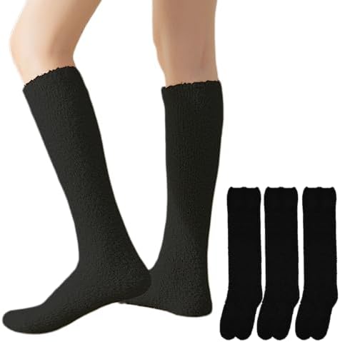 FITU Women's Long Soft Warm Fuzzy Socks 3-pack Coral Velvet Cozy Fleece Slipper Socks (High 3 Black-In PE Bag)