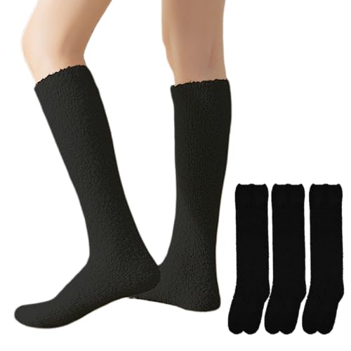 Fitu Women's Long Soft Warm Fuzzy Socks 3-Pack Coral Velvet Cozy Fleece Slipper Socks (High 3 Black-In Pe Bag) #TOP2
