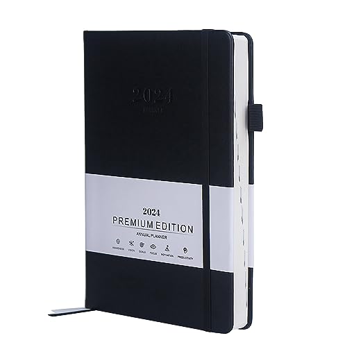 Fwilo 2024 Diary A5 Page a Day，Lined Diary With Thick Paper 2024 Diary Full Year Weekly Planner Mid Year Diary Black Hardback Thermochromic Leather Notebook 388 Pages Diary Eye Protection Calendar
