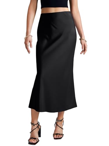 KIFOVEN Women's Satin Elastic Flare High Waist Bodycon Zipper Basic Long Skirt