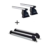 VDP Dachträger Menabo Tema + Skiträger/Snowboardträger/Skihalter Silve Ice ausziehbar kompatibel mit VW Volkswagen T6 Transporter ab 2015