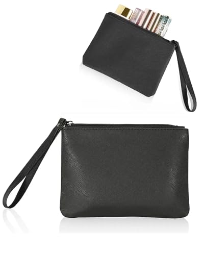 Small Makeup Bag for Purse Mini Cosmetic Pouch Zipper Little Wristlet, Tiny Make Up Organizer Lipstick Feminine Product Car Change Coin Holder for Women, 4.5 x 6.5 Clutch Stadium Approved, 1 Black