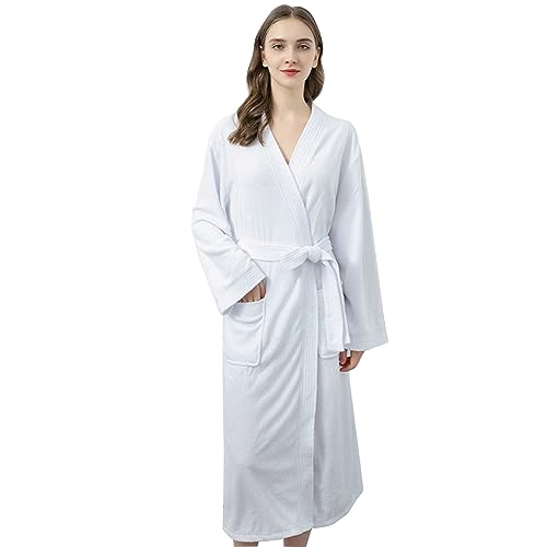 GHYUBYER Women Kimono Terry Robes Unisex Lightweight Spa Bathrobe Knee Length Bath Gown Soft Men Robe (Color : White, Size : Medium)