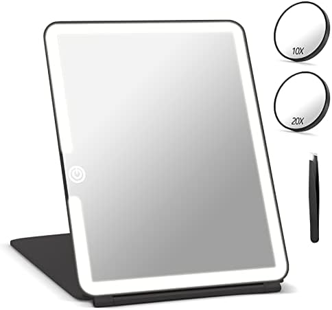 Jadazror Travel Mirror with Light and Detachable 3.5inch 10X & 20X Magnifying Mirror, 9.85 * 7.5inch Large Travel Makeup Mirror with 3 Light Settings, Portable Lighted Makeup Mirror,USB Rechargeable