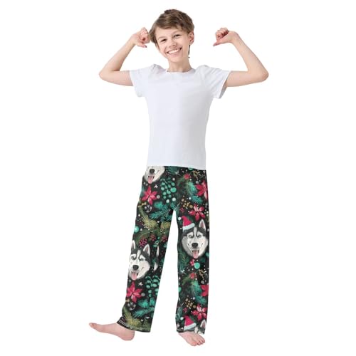 Husky Mistletoe Branches Boys Long Pants Soft Trousers Elastic Waist Kids Lounge Bottoms with Pockets S-XL3